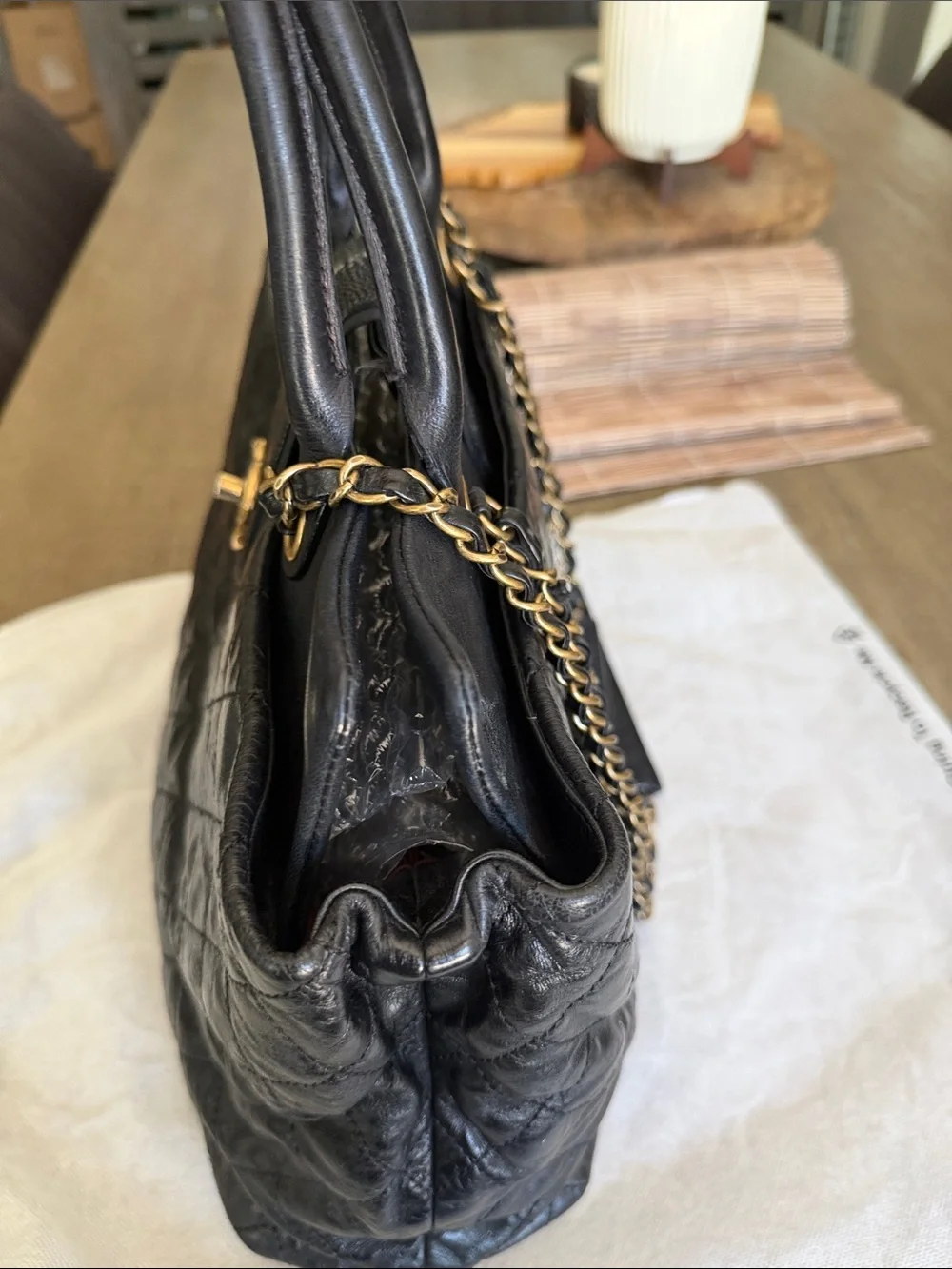 CHANEL Black Quilted Leather bag/tote with Gold CC Hardware